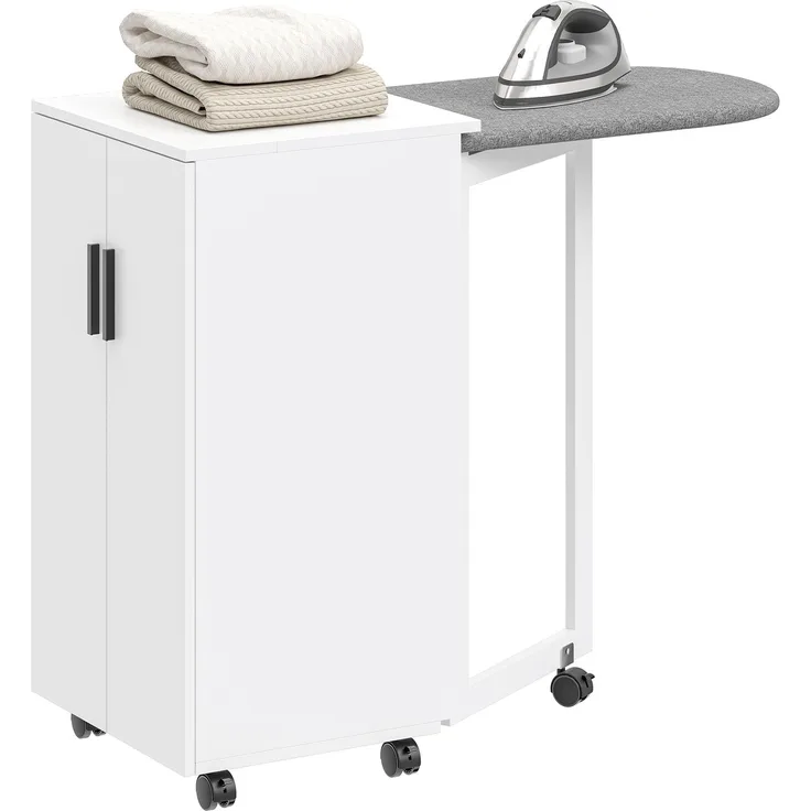 2-in-1 faltbarer Bügelbrettschrank auf Rollen mit Bügelbrett und verstellbarem Regal für kleine Räume, Weiß--Weiß--83x43x99.5cm--YOUDENOVA