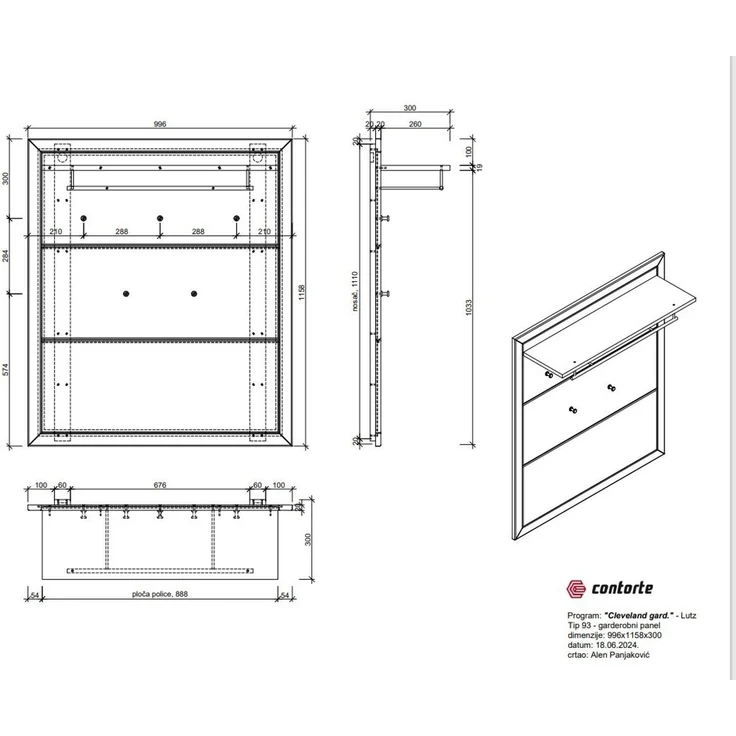 Linea Natura 'CLEVELAND' Wandgarderobe Paneel Asteiche massiv, Teilmassiv wildeiche, 99.6 x 116.6 x 24 cm, mit 5 Haken und Ablage – Bild 3