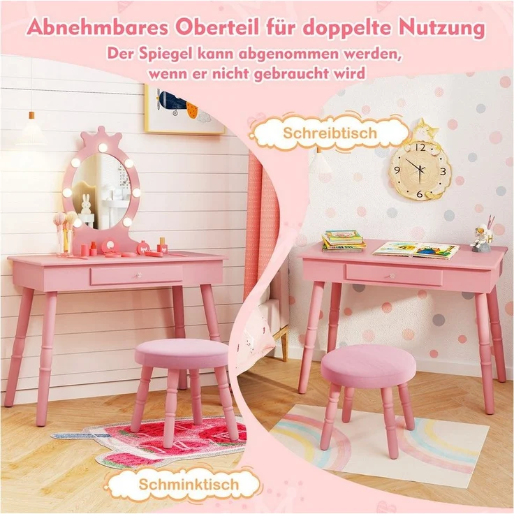 COSTWAY Kinder Schminktisch mit Hocker, abnehmbarem Spiegel und LED-Beleuchtung, Holz weiß, 34 x 70 x 100 cm – Bild 2