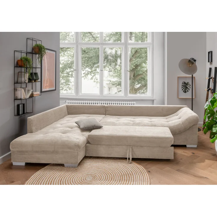 Ecksofa modern Schlafsofa Eckcouch Polsterecke L-Form Ottomane links Cord Beige – Bild 3