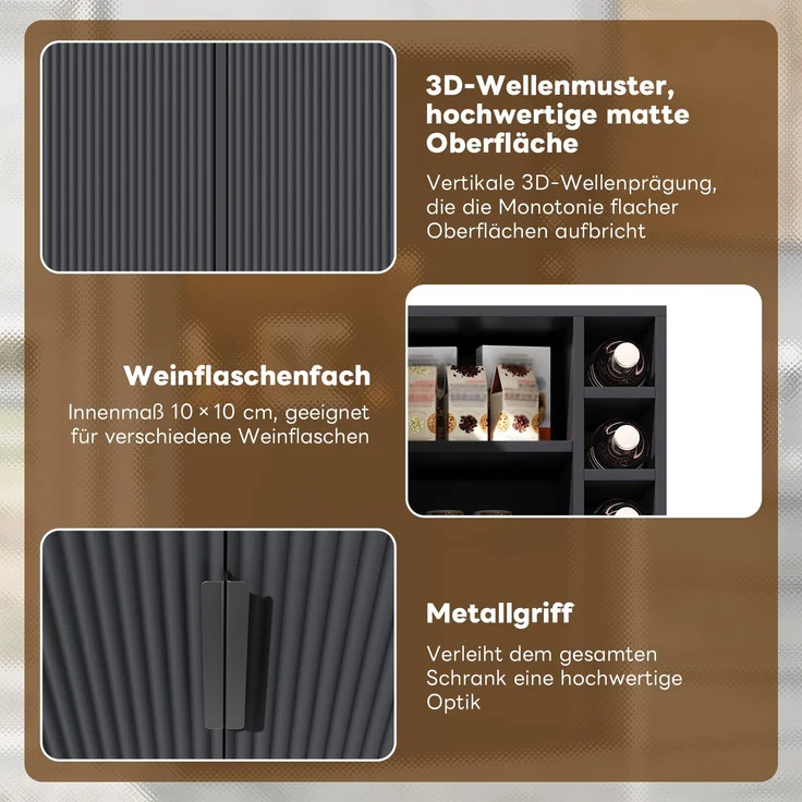 Merax 180cm Küchenschrank, moderner hoher Aufbewahrungs- und Weinschrank mit verstellbaren Einlegeböden, 3 Schubladen, Weinregal, farbwechselnder LED-Beleuchtung und Steckdosen – Bild 6
