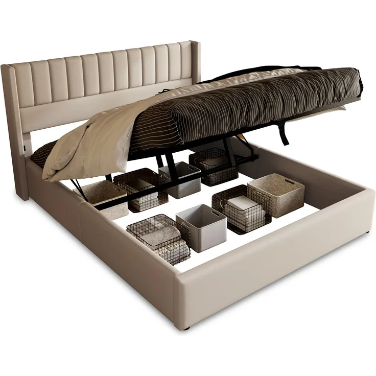 Stauraumbett Polsterbett 160x200 cm Doppelbett mit Hydrauliksystem, Lattenrost aus Holz und Metallrahmen, Leinen, Beige
