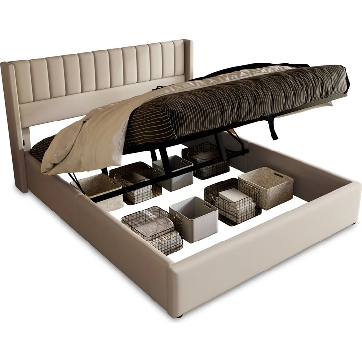 Stauraumbett Polsterbett 160x200 cm Doppelbett mit Hydrauliksystem, Lattenrost aus Holz und Metallrahmen, Leinen, Beige – Bild 1