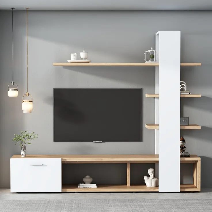 TV-Schrank-Set, 180x33,5x151,5 cm, Wohnwand in Eichenweiß mit Lowboard, offenen Regalen & Schranktür