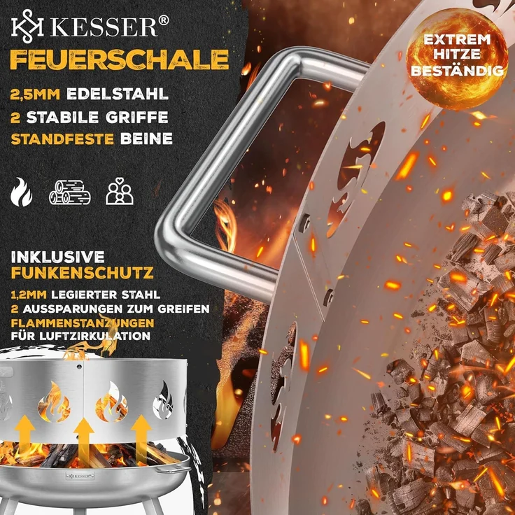 KESSER® Feuerschale mit 2,5 mm Stahldicke Feuerkorb aus Edelstahl / Stahl inklusive 42cm Feuerhaken aus Gusseisen, Wasserablauf & 2 stabile Griffe für Holz & Kohle Feuerstelle für Garten & Terrasse Ø 60 cm, Edelstahl + Funkenschutz – Bild 2