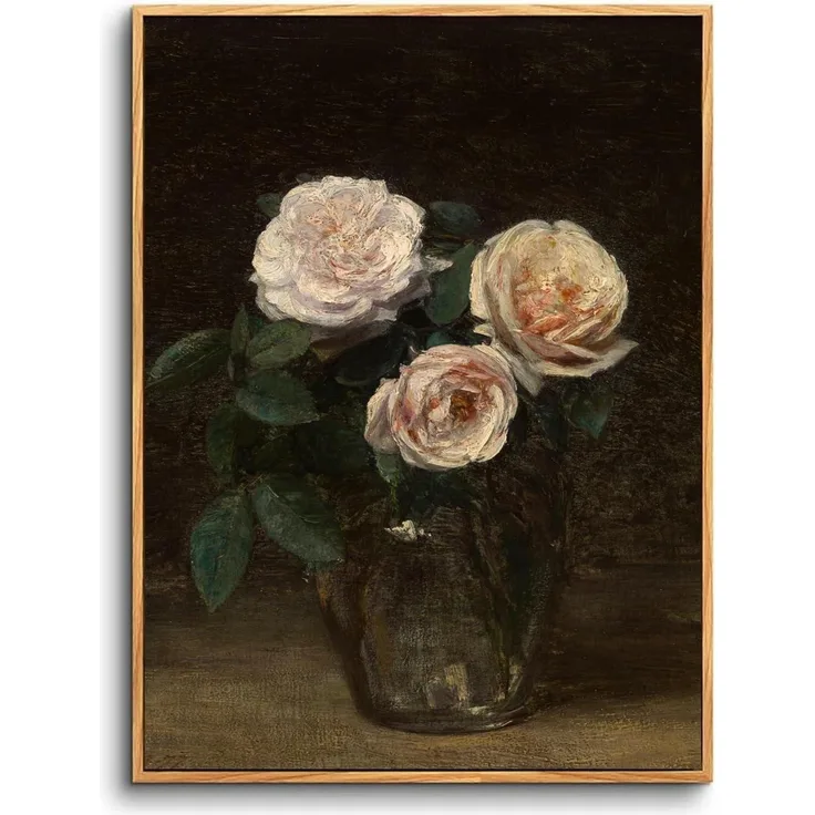 Vintage Botanisch Leinwandbilder mit Rahmen Holz Rosa Rosen 30x40cm