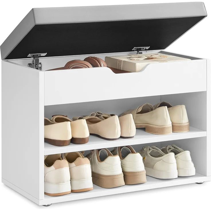 VASAGLE Schuhbank, Sitzbank, Schuhregal mit gepolstertem Kissen, Schuhorganizer mit 3 Ebenen, 30 x 60 x 44 cm, für Flur, Wohnzimmer und Schlafzimmer, wolkenweiß LHS020W01 – Bild 1