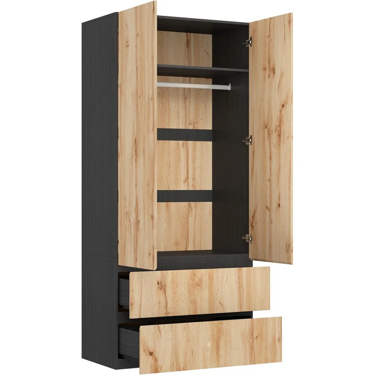Kleiderschrank Garderobenschrank, 90 x 50 x 200 cm, mit 1 Kleiderstange, 2 Schubladen und 2 Türen, moderner Hochschrank für Schlafzimmer, Flur, Kinderzimmer oder Büro (Eiche Artisan/Weiß)--Holz--90x50x200cm--YOUDENOVA – Bild 8