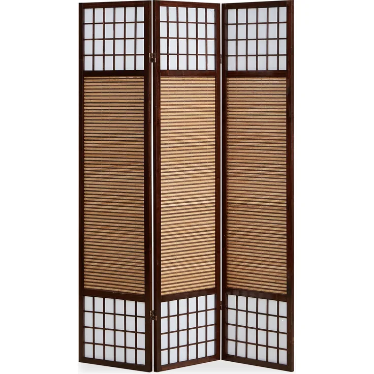 Holz Paravent 3 teilig Raumteiler Braun spanische Wand mit Bambus Faltbar