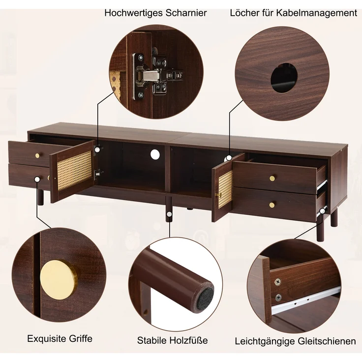 TV-Schrank, mit 2 Rattantüren, 4 Schubladen & Kabelmanagement, 180x35x44 cm, Braun – Bild 9