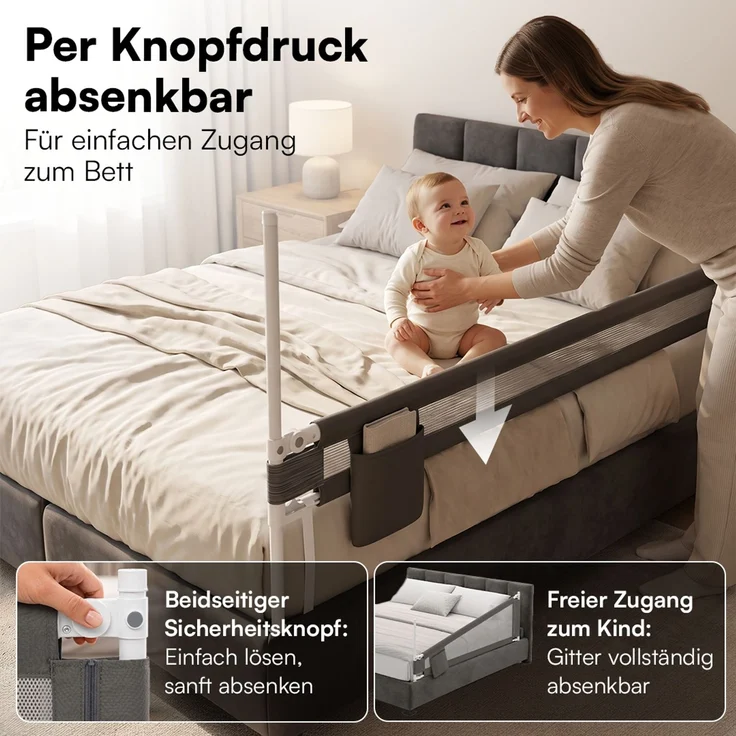 Bellabino 'Drina' Bettschutzgitter mit 2 Sicherheitsgurten, Rausfallschutz klappbar & höhenverstellbar, aus Oxford-Stoff & Metall, 150 cm, dunkelgrau – Bild 2