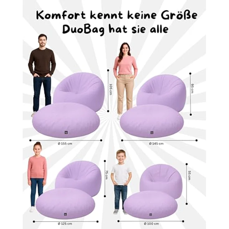 PATCH HOME 2-in-1 Sitzsack Sessel - Gaming Bean Bag mit Reißverschluss - Bereits befüllt, Ergonomisch & Robust für Kinder & Erwachsene - Indoor & Outdoor, Wetterfest (Flieder, 155cm) – Bild 3