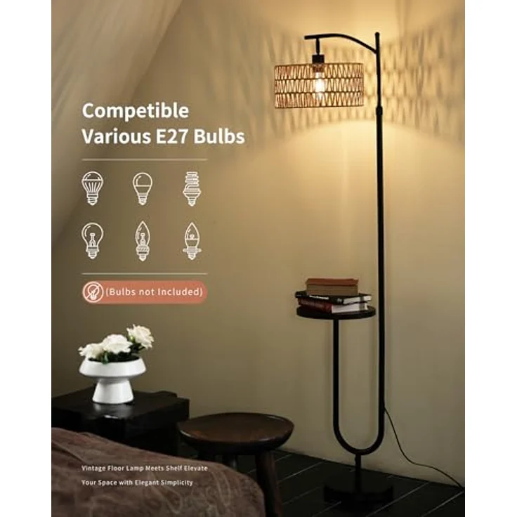 LuminexDesigns Stehlampe Wohnzimmer Vintage Rattan - Stehleuchte Schwarz Retro E27 mit Ablage Höhenverstellbar 176CM Boho Standleuchte mit 2M Kabel Fußschalter Beige Standlampe für Schlafzimmer – Bild 2