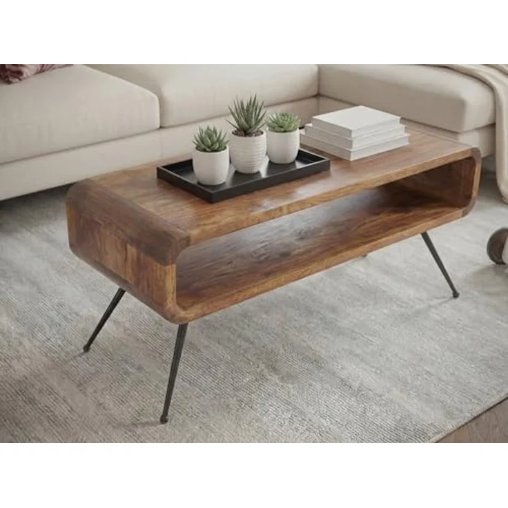 Couchtisch Mango Massivholz Metall 105cm - Design Wohnzimmertisch mit Ablagefach - Rechteckiger Sofatisch Retro - Loungetisch Holz - Natur Beistelltisch Handmade – Bild 5