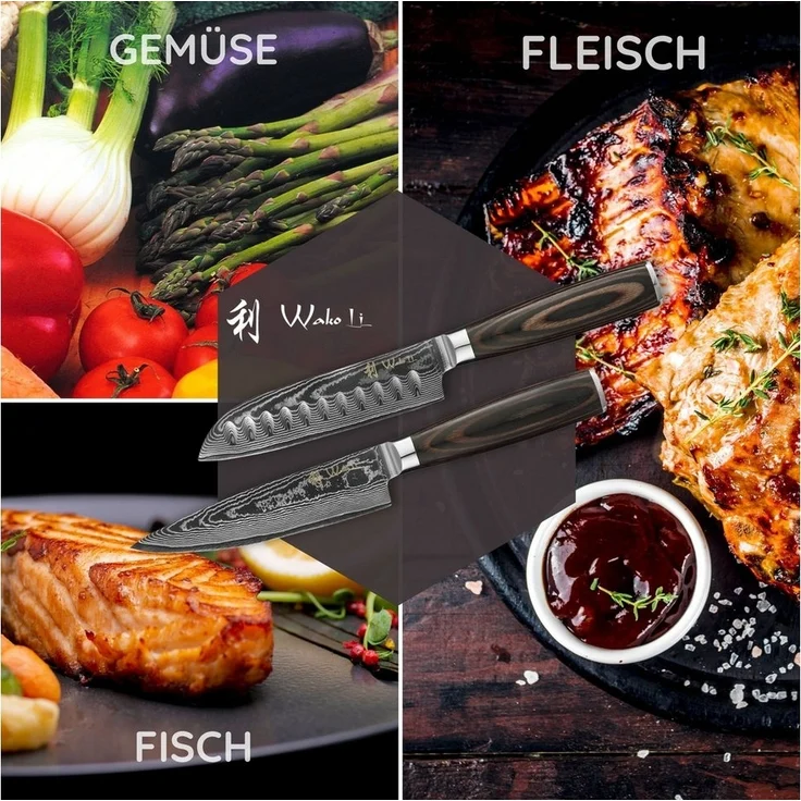Wakoli Messer-Set EDIB Essentials 2er Damastmesser-Set I Küchenmesser I 12/13cm Klingen (Damastmesser mit Geschenkbox, 2-tlg, 2er Damastmesser-Set), VG10 Kern, 67 Lagen Damaststahl, Pakkaholzgriff, inkl. Geschenkbox – Bild 3