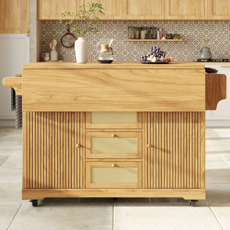 Küchenwagen B 142,5 x T 80 x H 95 cm, klappbar und erweiterbar, aus MDF mit PE-Rattan – Bild 2