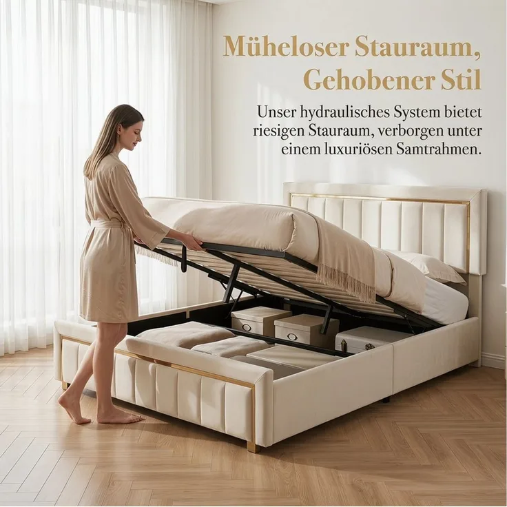 PXloue Stauraumbett Elegantes Polsterbett mit goldenen Akzenten und gepolstertem Kopfteil, Luxuriöses Design mit stabilem Gestell und hochwertigem Bezug.