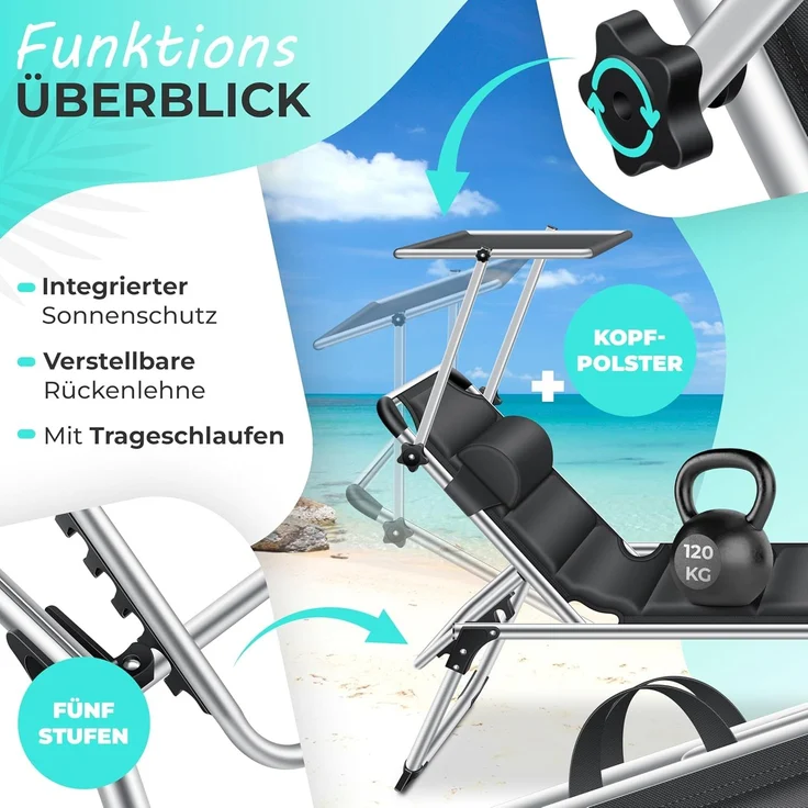 KESSER® Sonnenliege SUN mit Dach Gartenliege Liegestuhl klappbar Sonnendach Verstellbarer Rückenlehne , ergonomisch, gepolsterter Liegefläche, Aluminium Liege Gartenstuhl tragbar Strandliege Schwarz – Bild 4