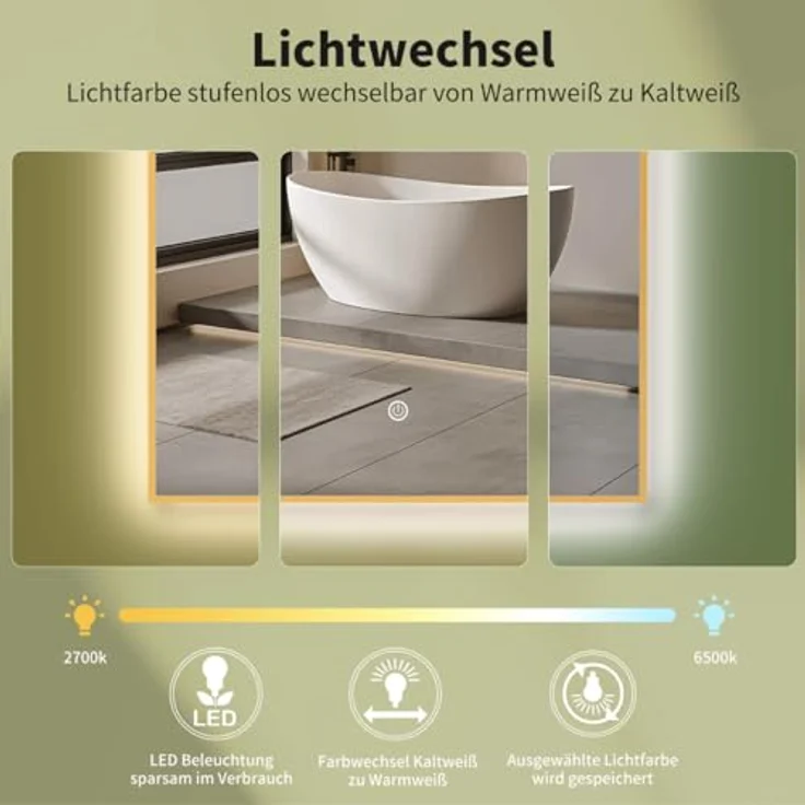 HOKO LED Badspiegel mit Beleuchtung, dimmbar, Touch-Sensor, Memory-Funktion, IP44, bogen 50x90 cm / 60x100 cm, Schwarz/Gold/Weiß – Bild 2