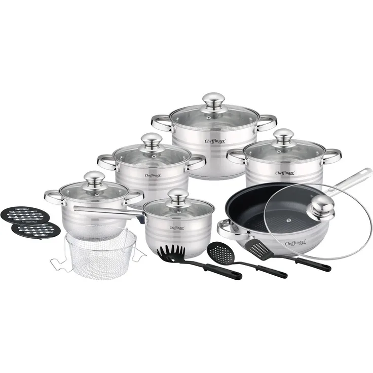 Cheffinger Kochtopf Pfannen Topfset Glasdeckel 18-tlg Induktion Edelstahl 1830M