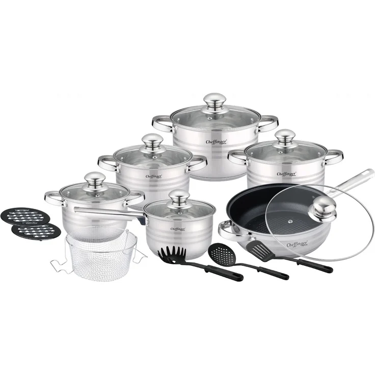 Cheffinger Kochtopf Pfannen Topfset Glasdeckel 18-tlg Induktion Edelstahl 1830M