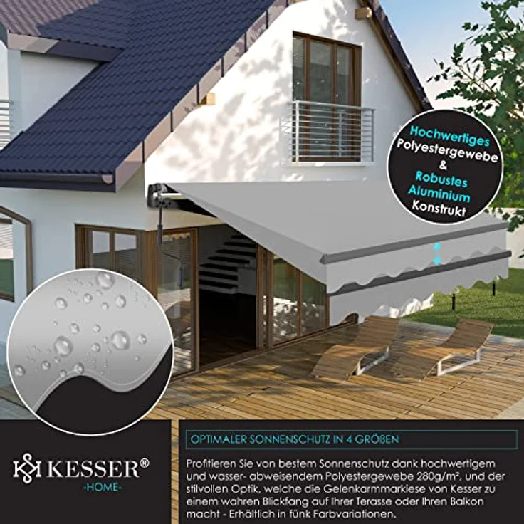 KESSER® Gelenkarmmarkise Markise Gelenkmarkise 300x250 cm Terrassenmarkise Klemmmarkise Sonnenmarkise inkl. Wandhalterung Sonnenschutz Balkonmarkise wasserabweisend Alu/Polyester, Grau – Bild 9