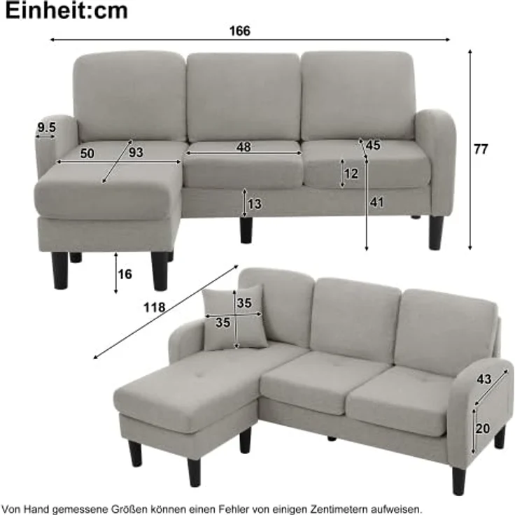 Ball & Cast L-förmiges Eckcouch mit Schlaffunktion, 3-Sitzer Sofa mit Kunststoffbeine aus Baumwoll-Leinenstoff für das Wohnzimmer Wohnung Villa, 166 x 77 x 118 (BxHxT), Grau – Bild 2