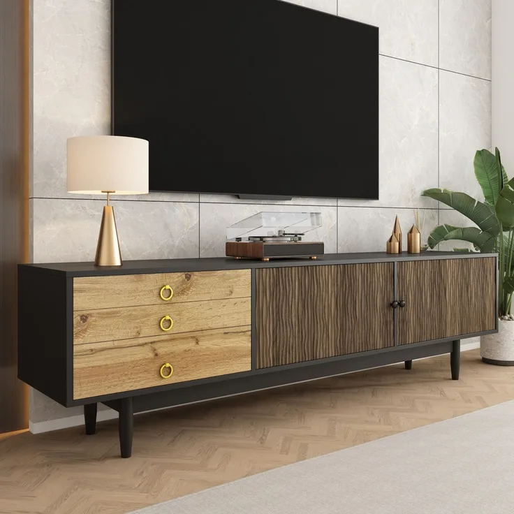 TV-Schrank 180 x 50 x 38 cm Schwarz Holz,Lowboard mit 2 Türen, 3 Schubladen, Wellenmuster, Massivholzbeinen