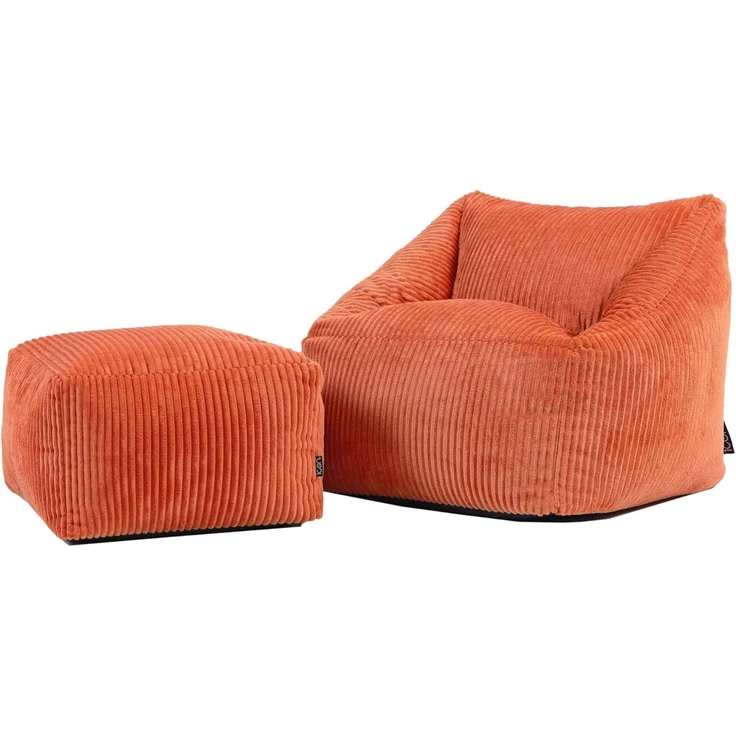 Icon Natalia Sitzsack Kinder mit Hocker, Orange, Flauschiger Cord Stoff, Sitzsack Cord mit Füllung, Bequemer Kinder Sessel, Kuschelsessel, Lese Sessel, Schlafzimmer, Kinderzimmer, Spielzimmer