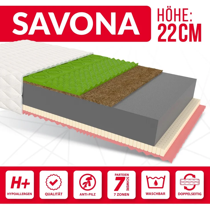 Matratze SAVONA 7 Zonen 80x200 H3/H4 22 cm Kokos Latex Visco profilierter HR Schaum JERSEY – Bild 5