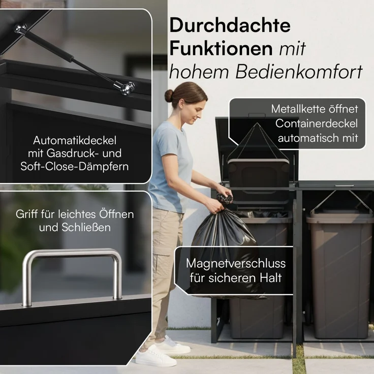 STEELSØN 'Kestra' Mülltonnenbox 4er je 240 Liter, anthrazit mit Holzoptik, Mülltonnenverkleidung aus Stahl, wetterfest, 116x80x268 cm, Müllbox für 4 Tonnen – Bild 4