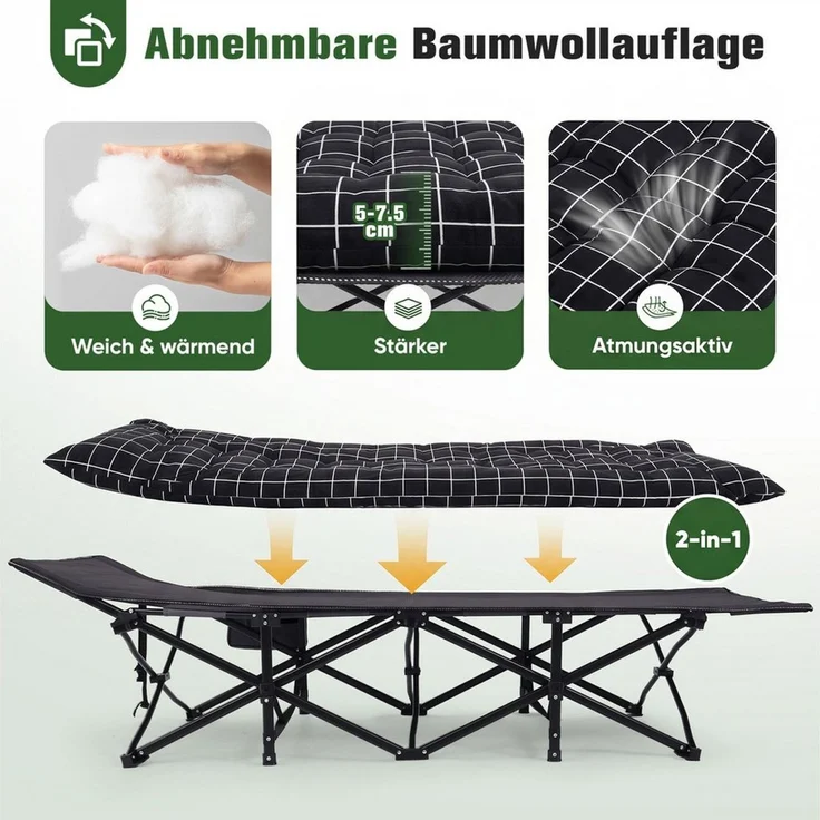 Sekey Feldbett 190cm x 71cm Campingbett Klappbar mit Matratze Gästebett Klappbett Tragbares Campingliege bis 200kg, Kariert, für Outdoor, Indoor, Reisen – Bild 2