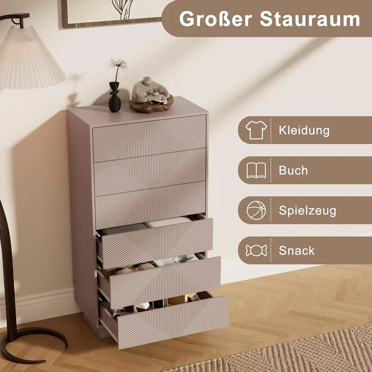 UEV Kommode mit 6 Schubladen, Kommodenschrank Sideboard schmal (Moka), Sideboard Schubladenschrank Push to Open, Mehrzweckschrank für Wohnzimmer Schlafzimmer Flur Büro 60x33,5x111cm--Mokka--60x33.5x111cm--YOUDENOVA – Bild 4