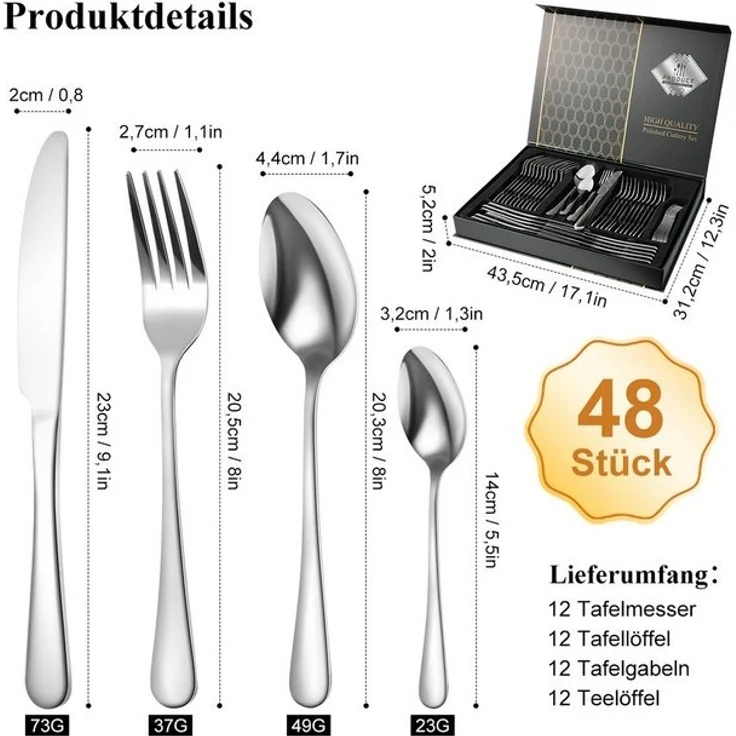 Simloveve Besteck-Set 48 teilig Besteck Set für 12 Personen, Besteckset mit Gehämmert Griff, Edelstahl, Essbesteck Set inkl Messer, Gabel, Löffel, Spülmaschinenfest, Rostfrei – Bild 4