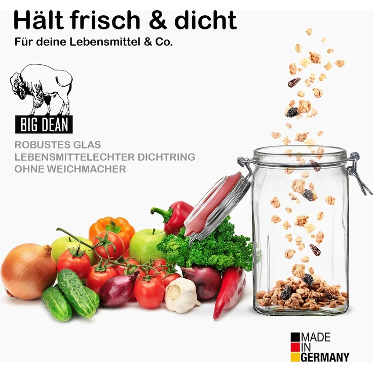 BigDean 4er Set Vorratsgläser 1,1L - Einmachgläser mit Deckel & Bügelverschluss - Made in Germany - Drahtbügelgläser zum luftdichten Aufbewahren, Einlegen & Einkochen - Glas, eckig – Bild 4