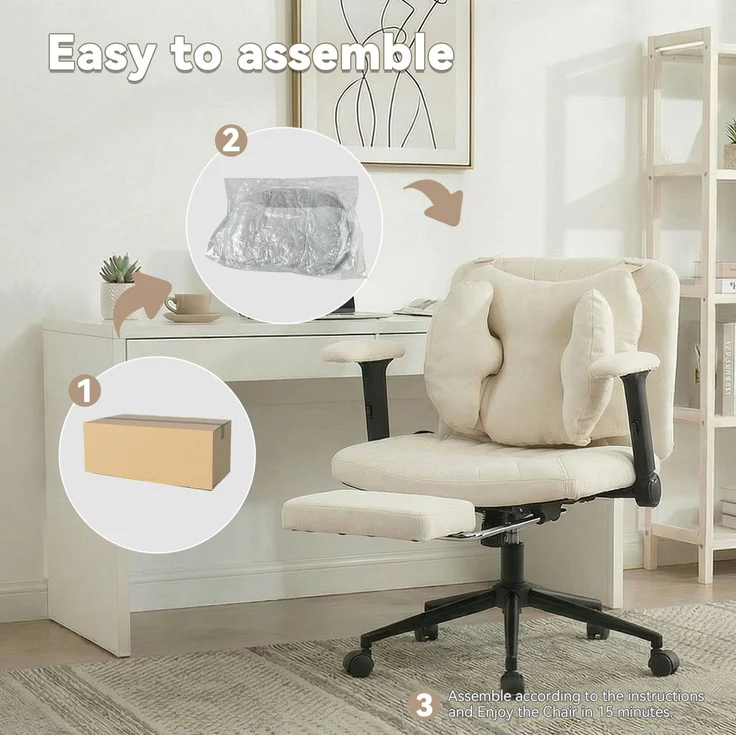 Drehstuhl aus Stoff, mit verstellbarer Lendenstütze und Rollen, 80x55x86 cm, Beige – Bild 6