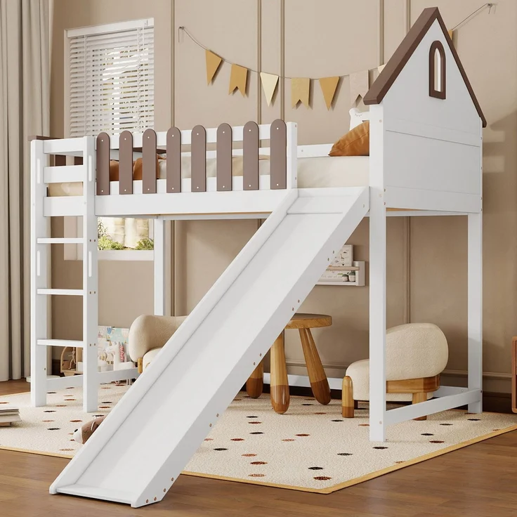 Merax Etagenbett, mit Rutsche, mit Fenster, mit Lattenrost, Holz Weiß+Walnuss, 90x200 cm – Bild 1