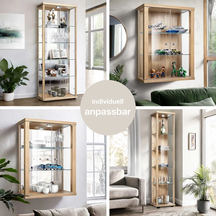 K-Mbel Standvitrine (176x37x33cm) - Made in Germany - Vitrinenschrank Buche mit 4 hhenverstellbaren Glasbden, Spiegel & LED - Glasvitrine Stehend - Vitrine Glas - Display Cabinet – Bild 2
