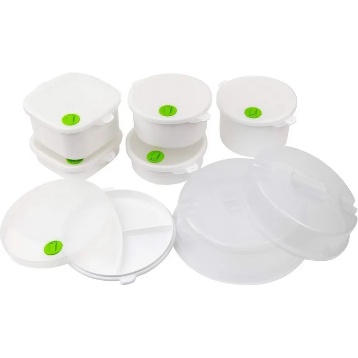 Grizzly Mikrowellenbehälter 14-tlg. Mikrowellen Set, Dampfventil, Einfrieren bis Dampfgaren, (14-tlg), 1x Mikrowellenteller, 5x Mikrowellenschüsseln und 2x Mikrowellenhaube