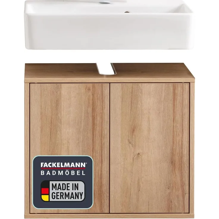 FACKELMANN FINN Waschbecken mit Unterschrank 60 cm breit, Braun hell, Waschbecken Keramik Weiß