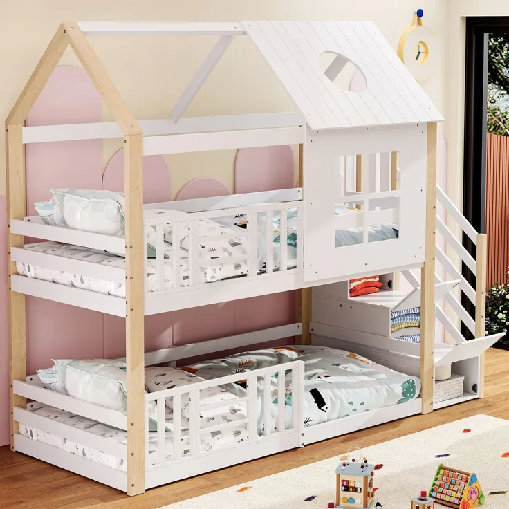 Etagenbett / Hausbett 90 × 200 cm – mit seitlicher Aufbewahrungstreppe, Dach mit Rundöffnung & Fenster, Weiß&Natur
