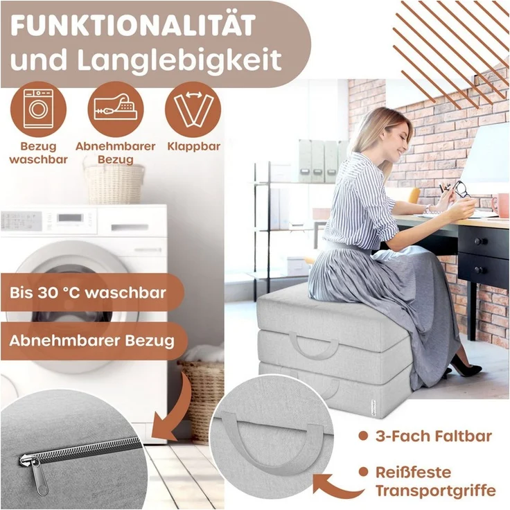 KESSER® Klappmatratze Gästematratze 3-fach Faltmatratze faltbar zum Sitzhocker | Schaumstoff 25kg/m³ extra dick 15cm atmungsaktiv waschbar abnehmbarer Bezug | Matratze inkl. Camping Tragetasche Grau, 75 x 195 x 15 cm – Bild 2