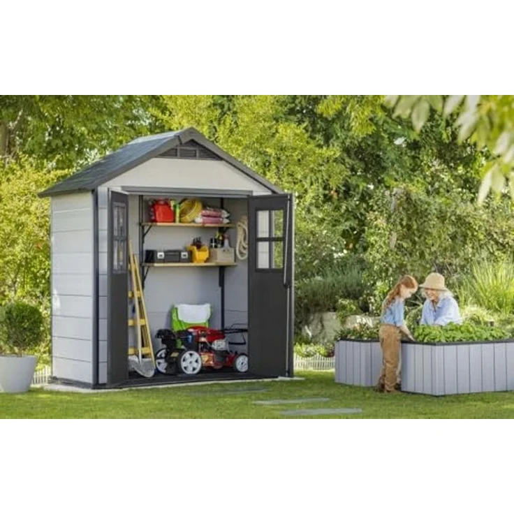 Keter Gerätehaus Oakland Gartenhaus Geräteschuppen 210 x 124,8 x 253cm Holzoptik – Bild 2