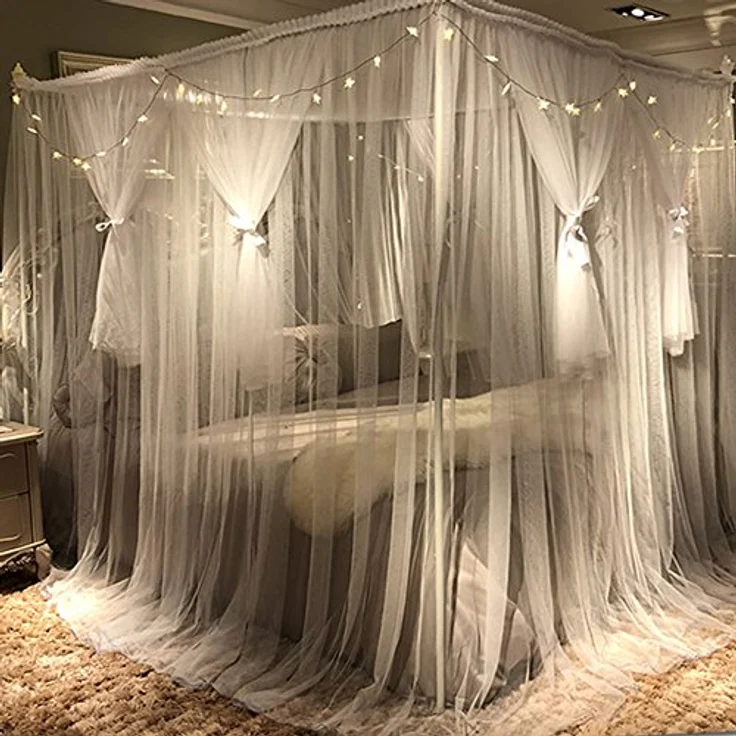 Joyreap Bettvorhang mit 4 Ecken, für Mädchen und Erwachsene, luxuriöses, gemütliches Drapiernetz, niedliche Prinzessinnen-Schlafzimmer-Dekoration, Zubehör (weiß, 218,4 cm B x 198,1 cm L, King-Size) – Bild 4