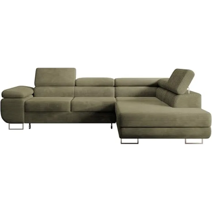 Selsey STEVIL - Ecksofa L-Sofa mit Schlaffunktion, Bettkasten, Ottomane rechts, Cordbezug Olivgrün