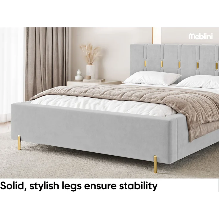 MEBLINI Polsterbett 140x200 mit Lattenrost mit Matratze – FABIO – Hellgrau Samt – Doppelbett mit Bettkasten - Stauraumbett - Kopfteil Bett mit Stauraum – Bild 5