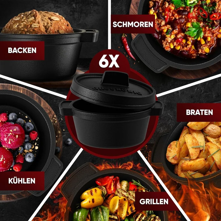 Mini Dutch Oven Set 6er aus Gusseisen – 300 ml Ø 11 cm, bereits eingebrannt, ideal für Vorspeisen & Nachspeisen inkl. Rezeptbuch – Bild 7