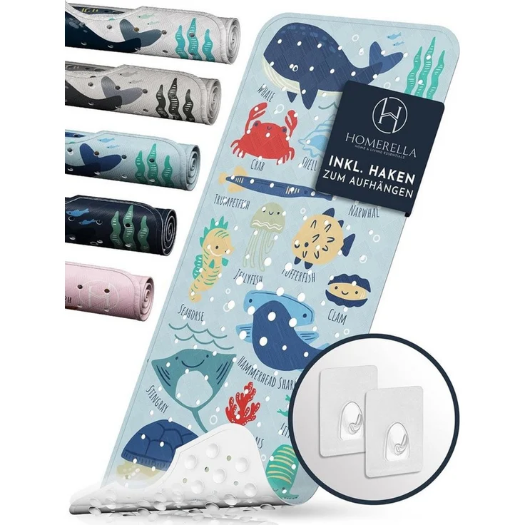 Homerella Badematte rutschfest Kinder - 100% BPA frei Inkl. 2 Haken zum Aufhängen 100x40cm, Antirutschmatte Badewanne Baby hautsensitiv & schimmelresistent, Badewannenmatte rutschfest & waschbar
