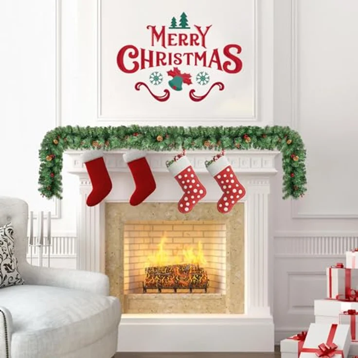 Tannengirlande Aussen Innen, Uten Künstlicher Weihnachtsgirlande 180cm Tannenzapfen und rote Beeren Weihnachtsdeko für Haustür, Treppe, Kamin – Bild 5