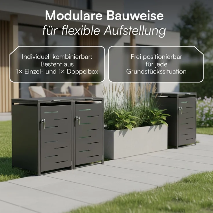 STEELSØN 'Diorus' Mülltonnenbox 3er je 240 Liter, graphitschwarz, Mülltonnenverkleidung aus Stahl mit Sichtstreifen, wetterfest, 116x80x203 cm, abschließbare Müllbox für 3 Tonnen – Bild 7
